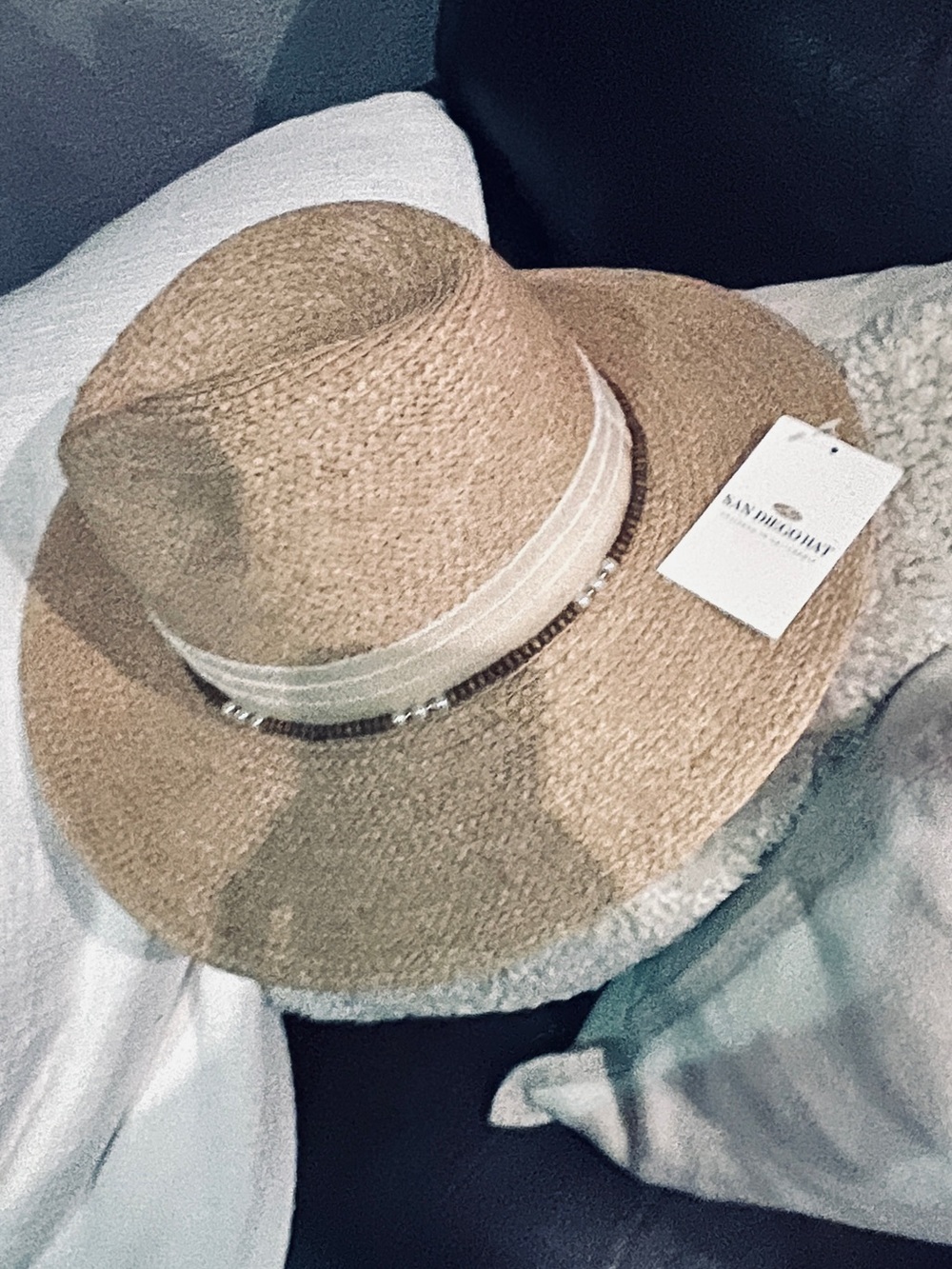 San Diego Rafia Beaded Brim Summer Hat NWT O/S
